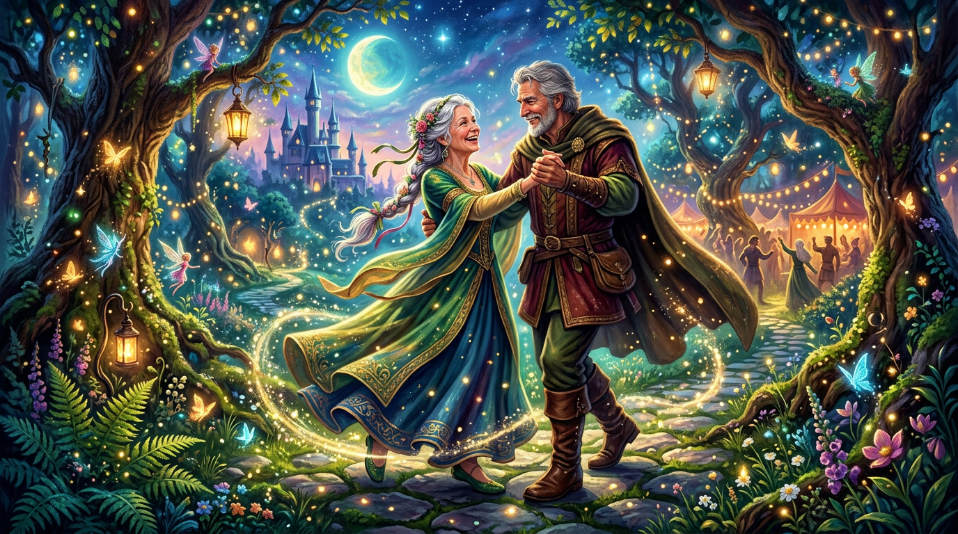 Older couple dancing in an enchanted forest beneath a crescent moon