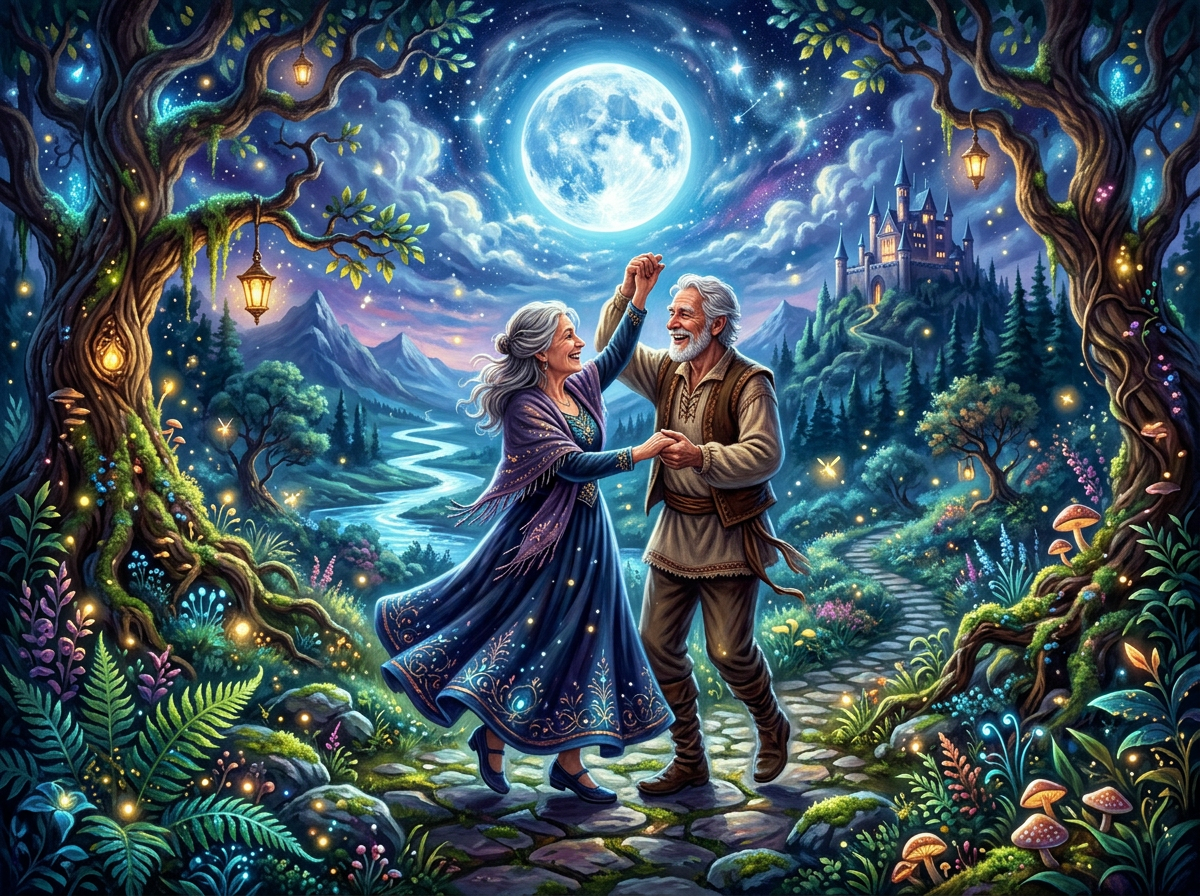 Elderly couple dancing on a moonlit forest path beneath a castle